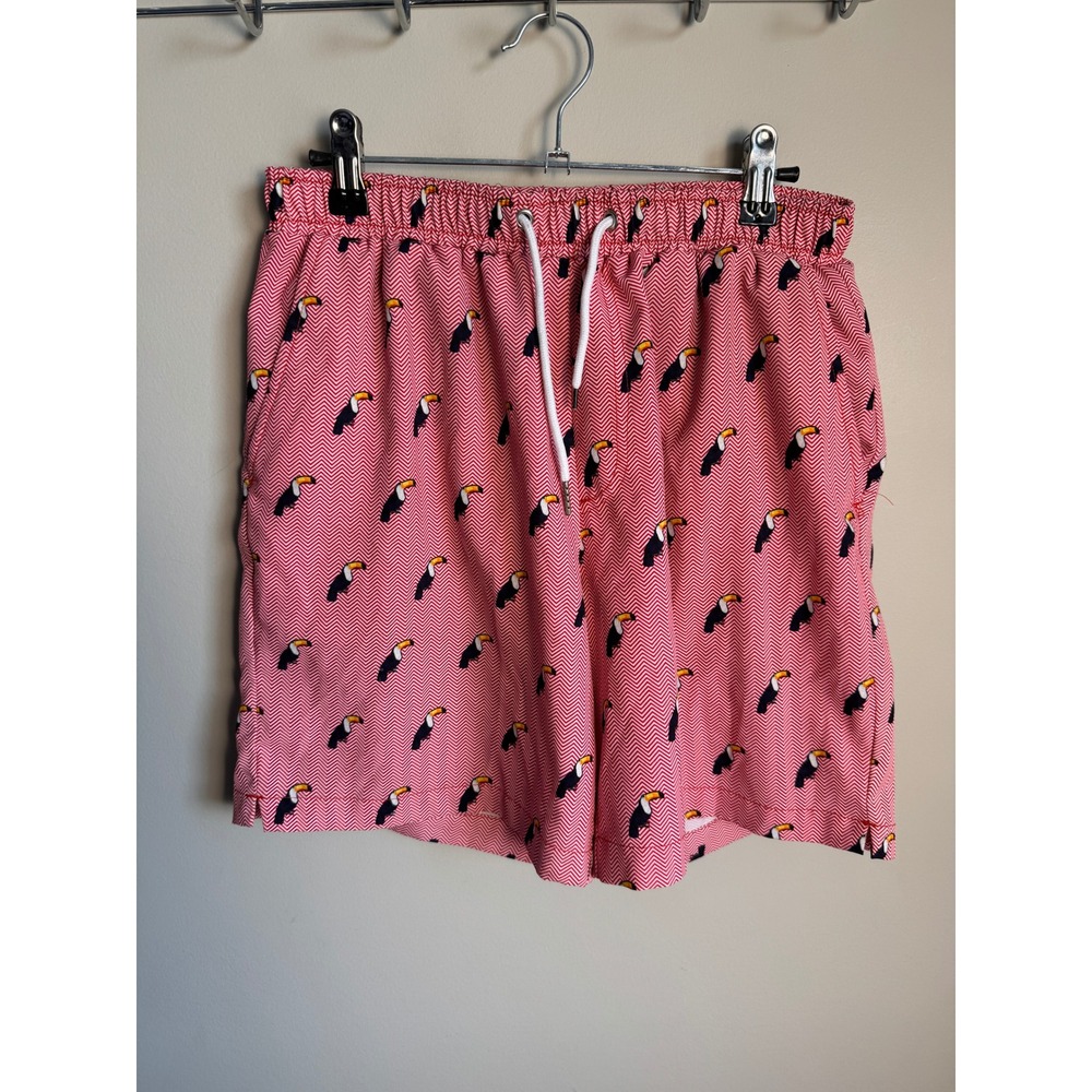 Mosmann Mens Pink Toucan Chevron Swim Trunks M Tropical Beach Summer Resort